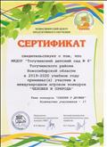 Сертификат за участие в международном игровом конкурсе "ЧЕЛОВЕК И ПРИРОДА" в 2019-2020 учебном году Сертификат за участие в международном игровом конкурсе "ЧЕЛОВЕК И ПРИРОДА" в 2019-2020 учебном году
